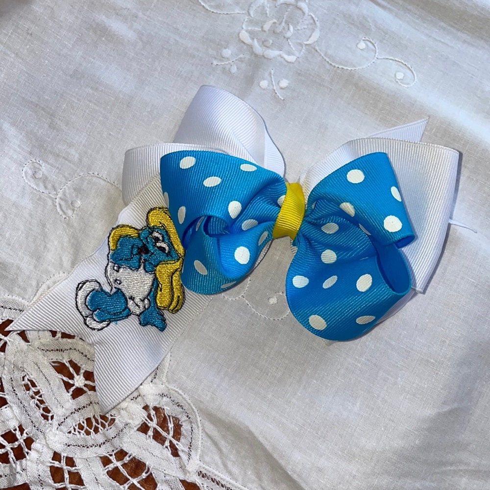⭐️ 3/$15 Girls White Blue Polka Dot Smurf Embroidered Hair Bow